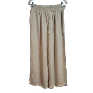 Solai Womens Wide‎ Leg Linen Blend Smocked Waist Frayed Hem Pants Beige Large